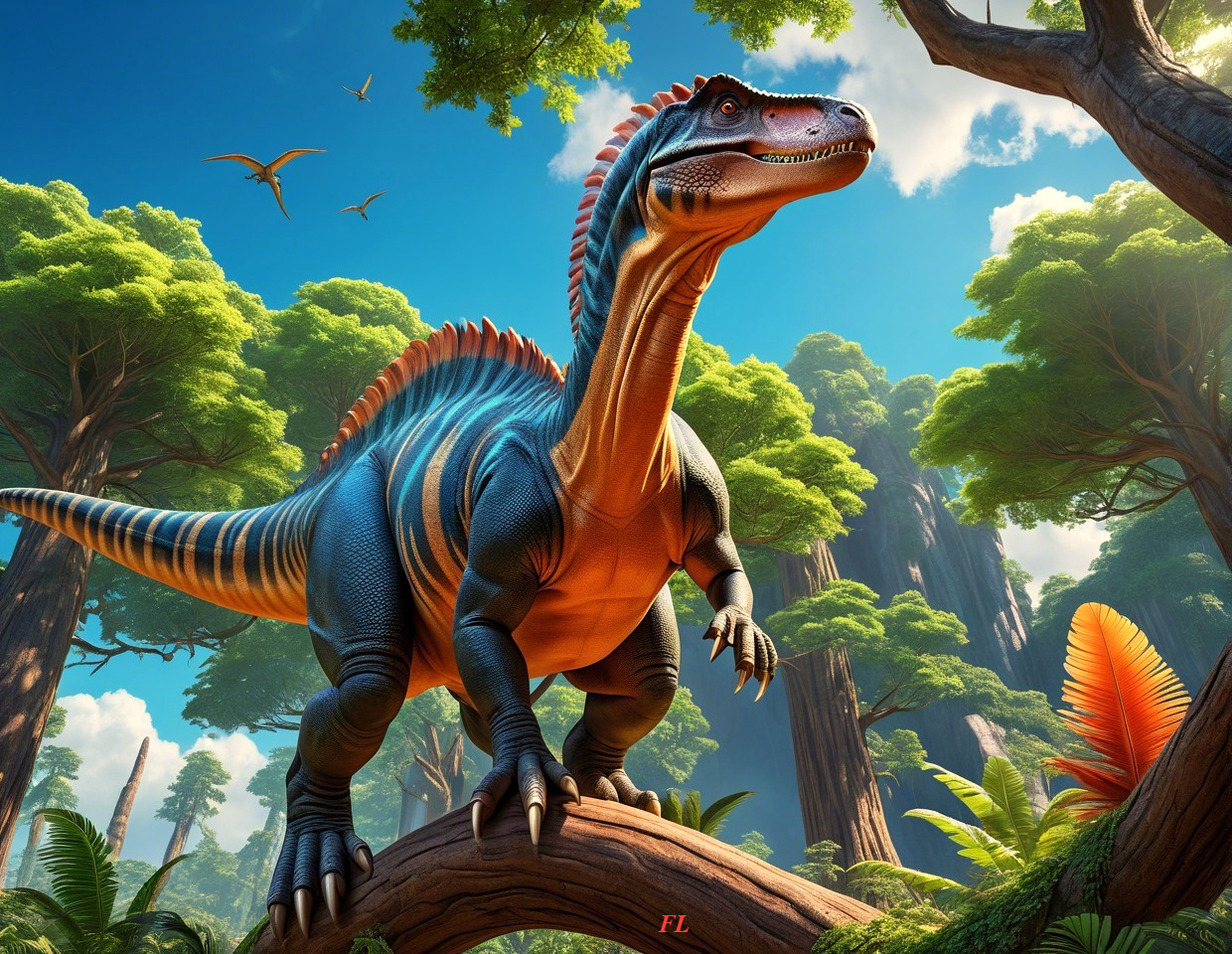 Prehistoric Landscape with Colorful Dinosaur and Pterosaurs