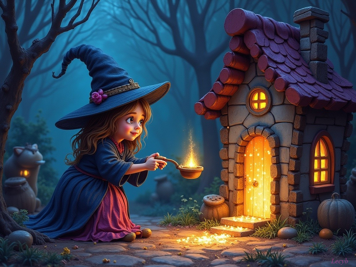 Young witch conjures sparkles in mystical forest setting