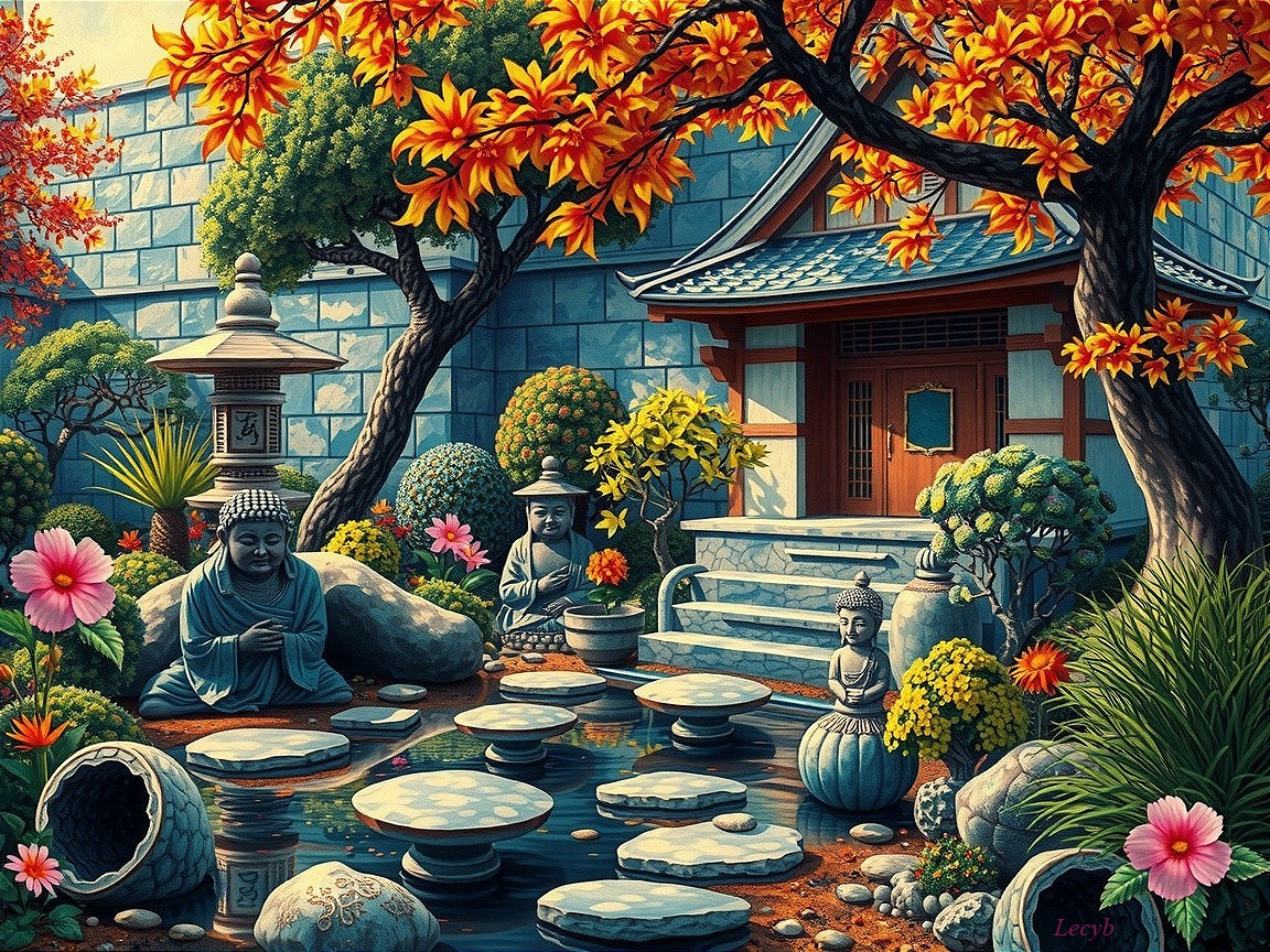 Serene Japanese Garden with Autumn Foliage and Statues