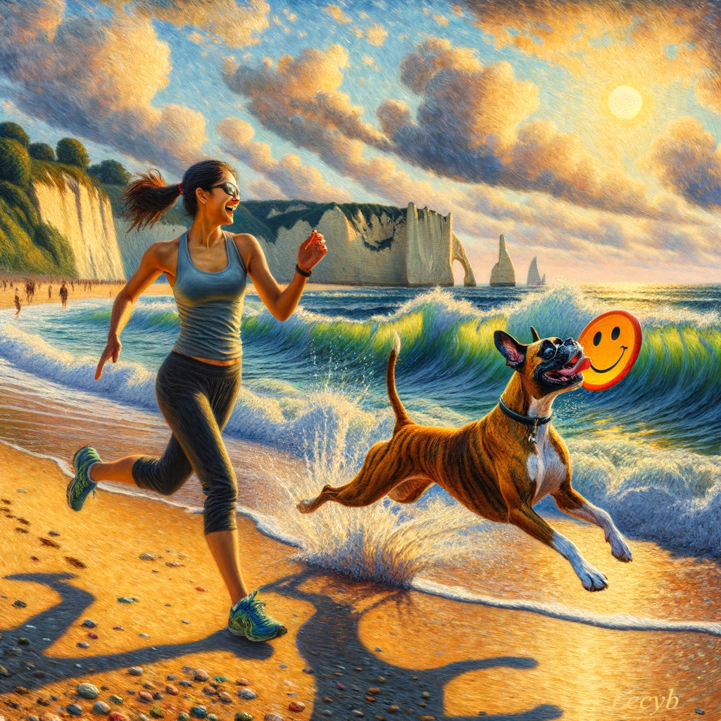 Woman Jogging on Beach with Dog at Sunset