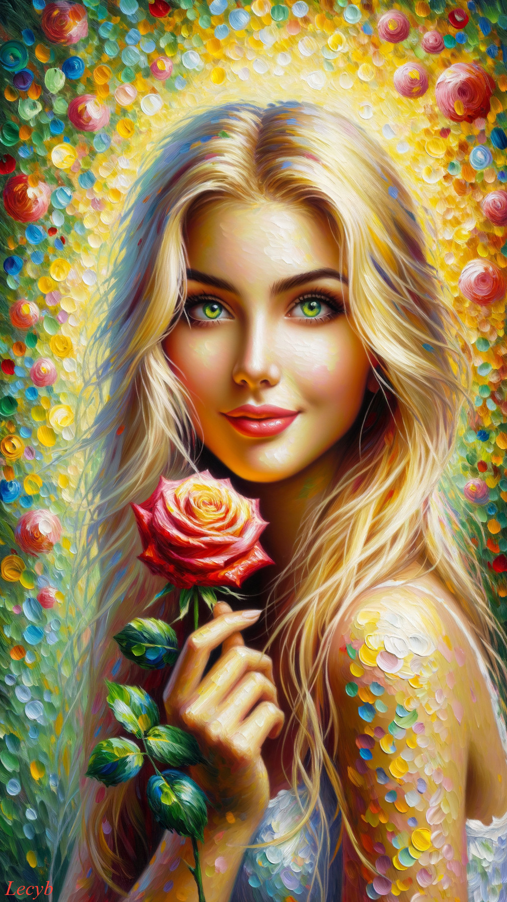 Young woman with blonde hair and a rose in vibrant setting