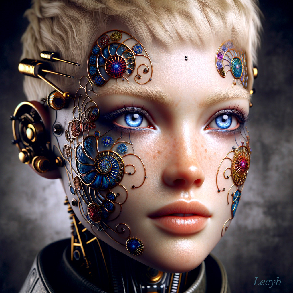 Futuristic Humanoid Face with Metallic Patterns and Gems