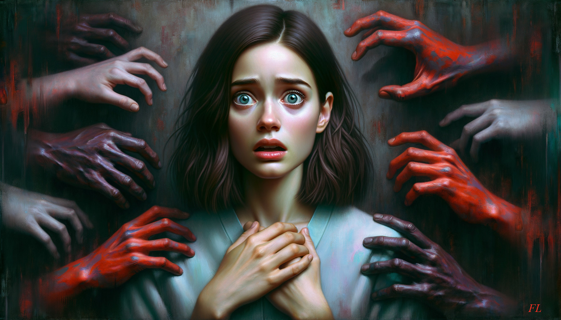 Frightened Woman Surrounded by Eerie Outstretched Hands