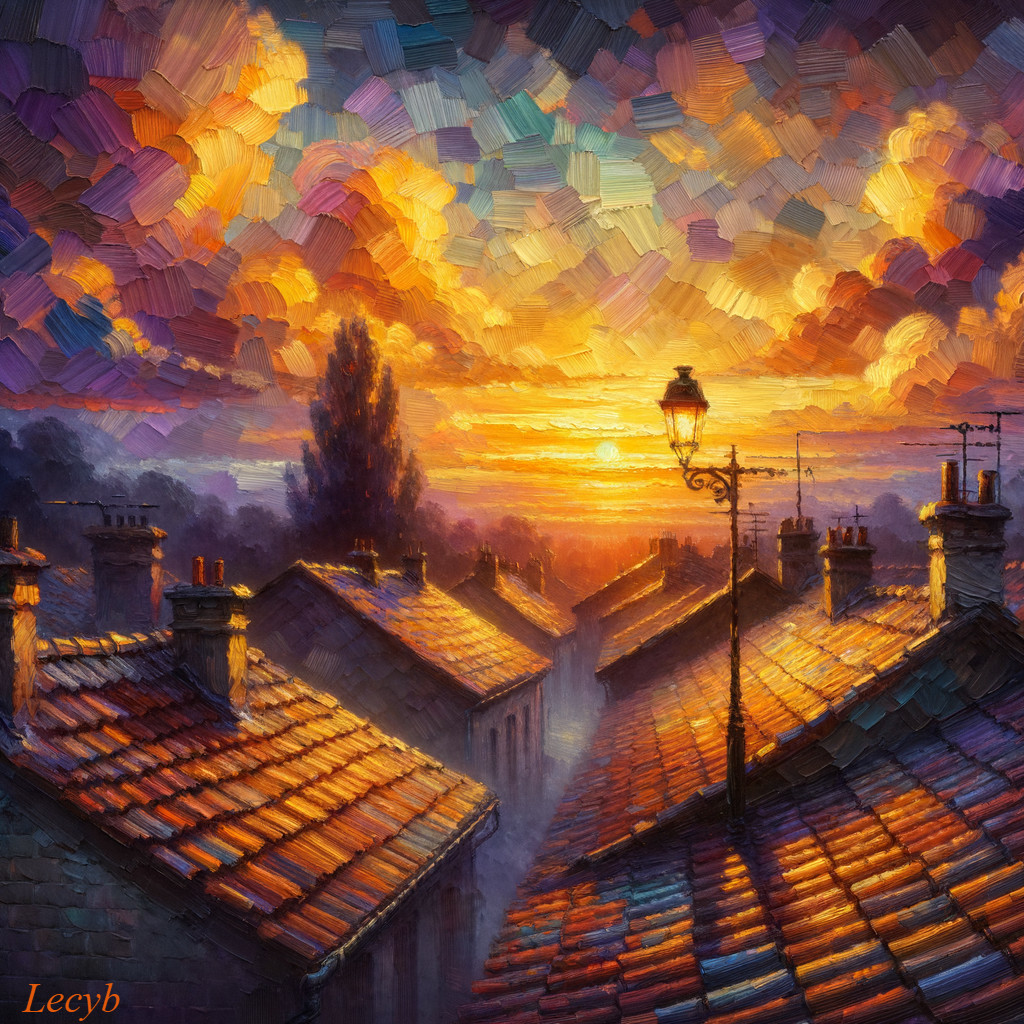 Vibrant Sunset Over a Quaint Village Scene