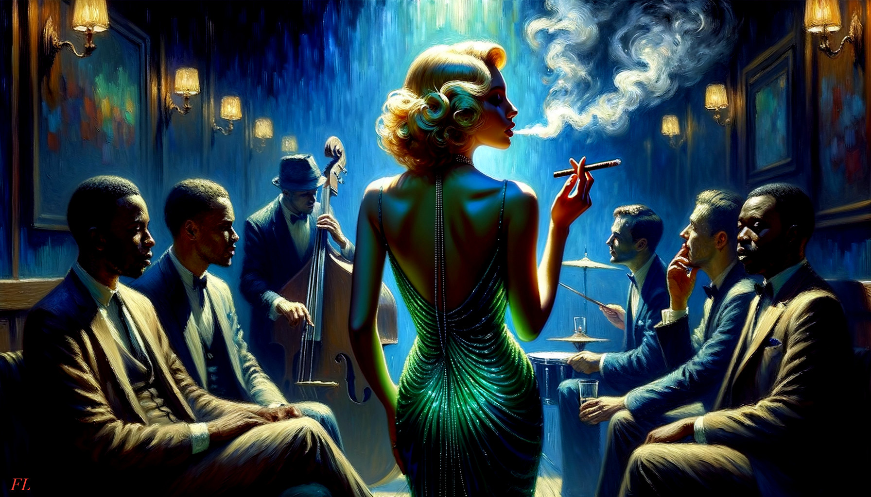 Glamorous Woman in Vintage Jazz Club Setting