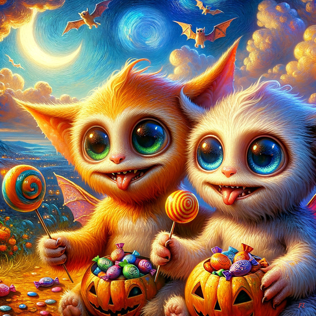 Whimsical Creatures with Candy in Halloween Landscape