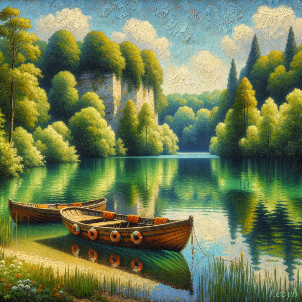 Wooden Boats Anchored on a Serene Lake Scene