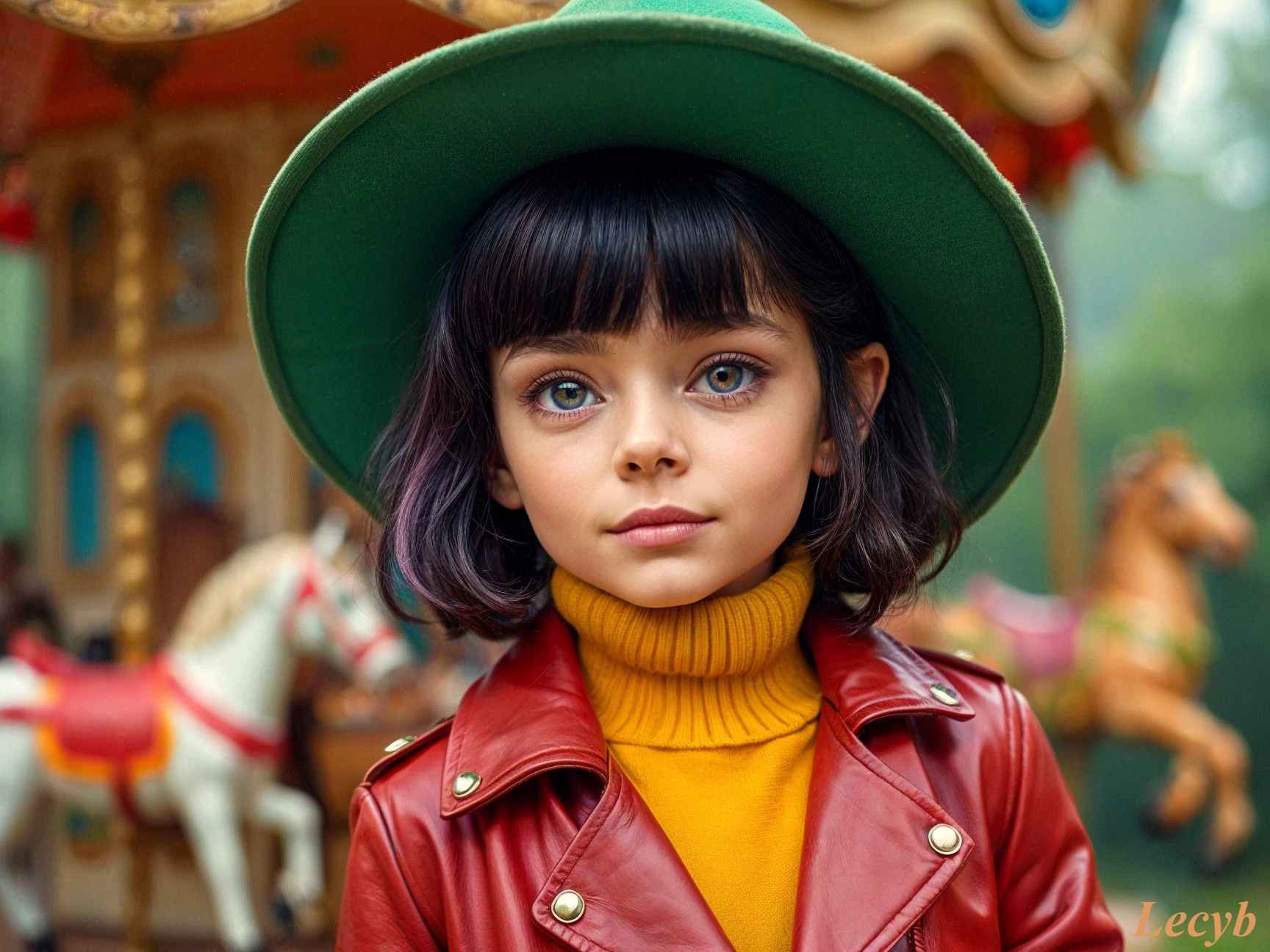 Young girl with green eyes by whimsical carousel