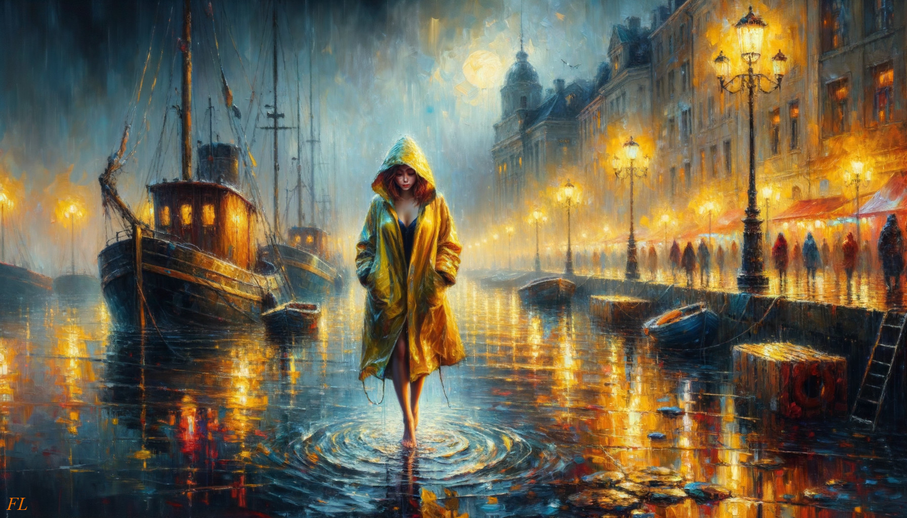Woman in yellow raincoat on a rain-soaked street