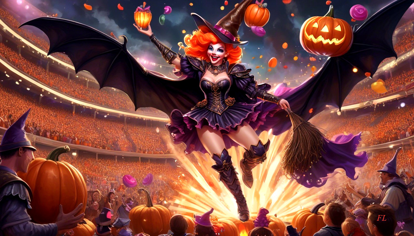 Witch Flying Over Halloween Celebration in Stadium