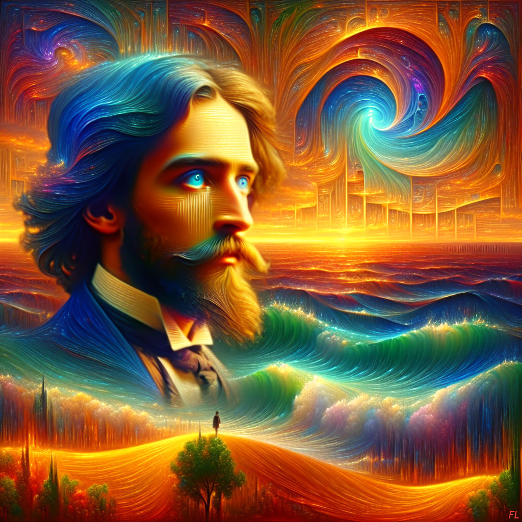 Surreal portrait of a man with blue eyes and vibrant landscape