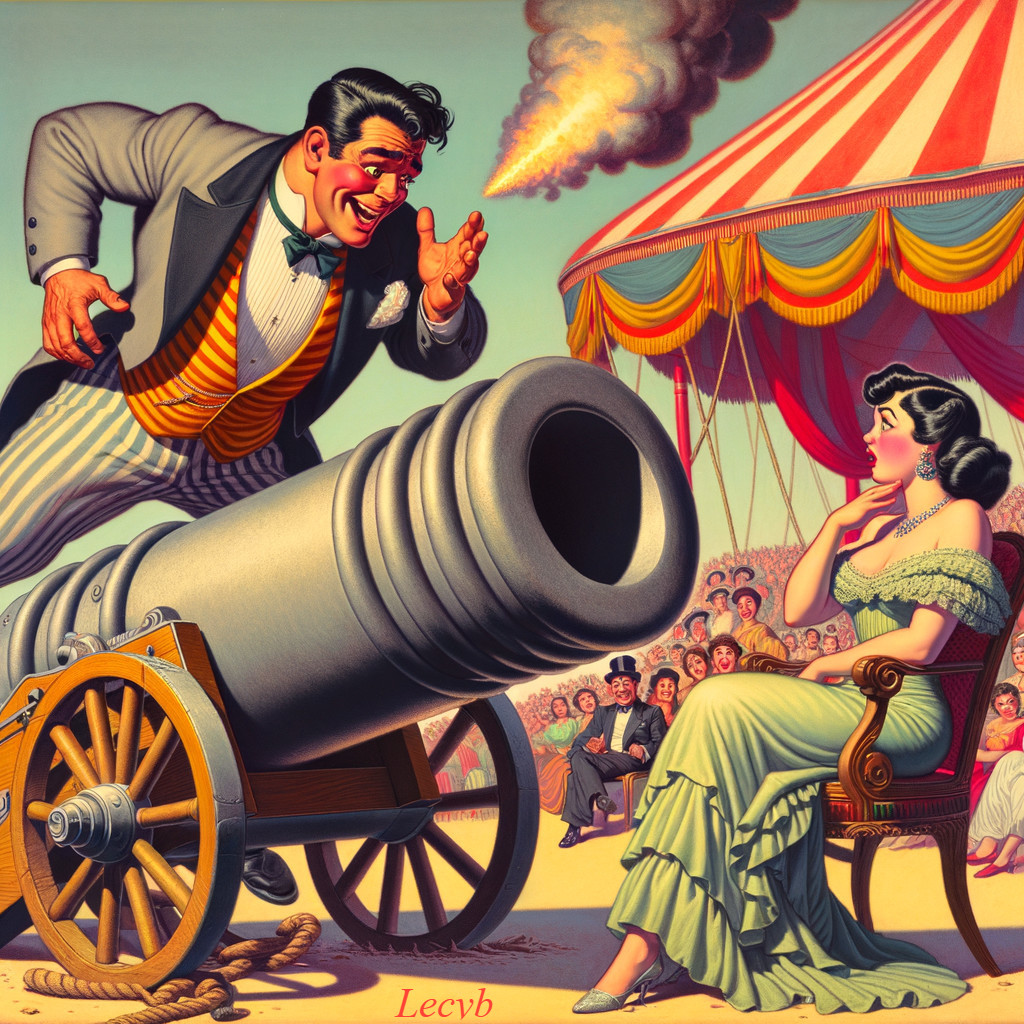 Circus Performance with Cannon and Elegant Woman