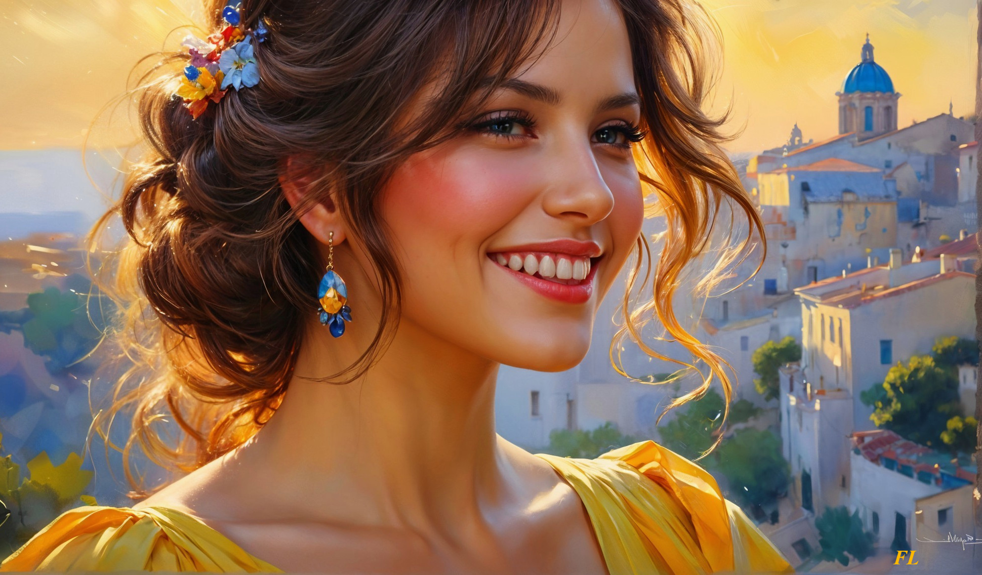 Woman in Yellow Dress Against Sunset Background