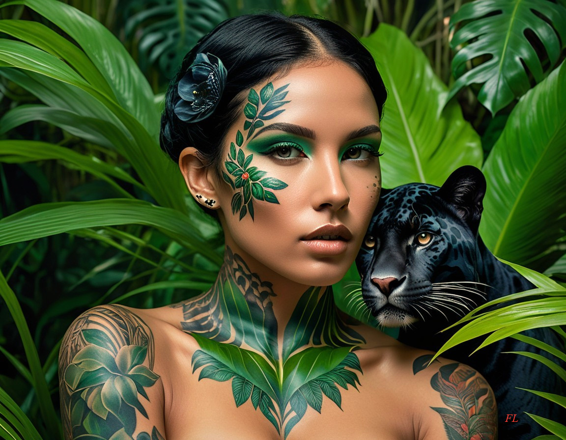 Portrait of a woman with green leaf tattoos and panther