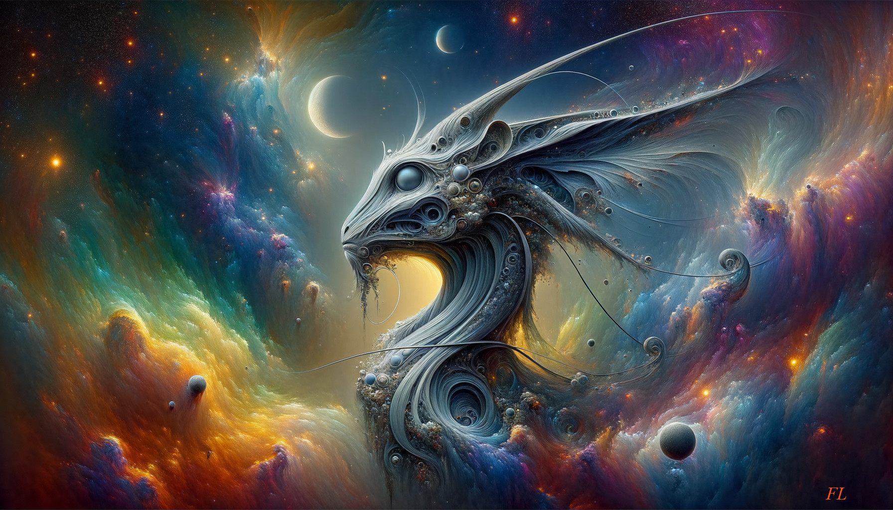 Cosmic Dragon in Nebula with Stars and Planets