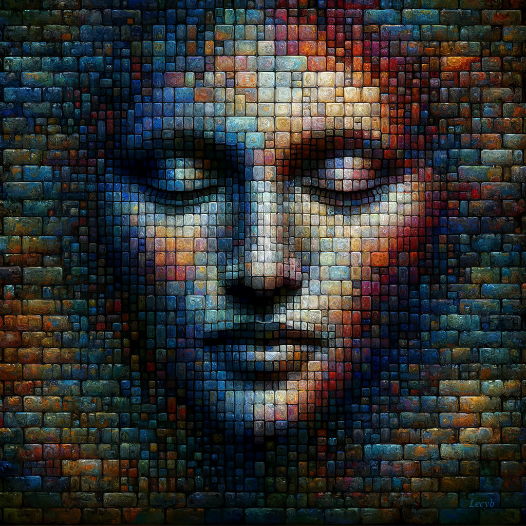 Textured Mural of a Face in Colorful Mosaic Tiles