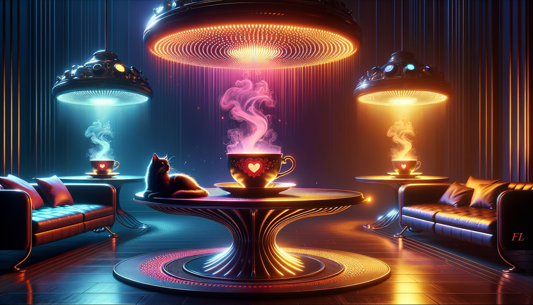 Futuristic lounge with glowing coffee cups and cat