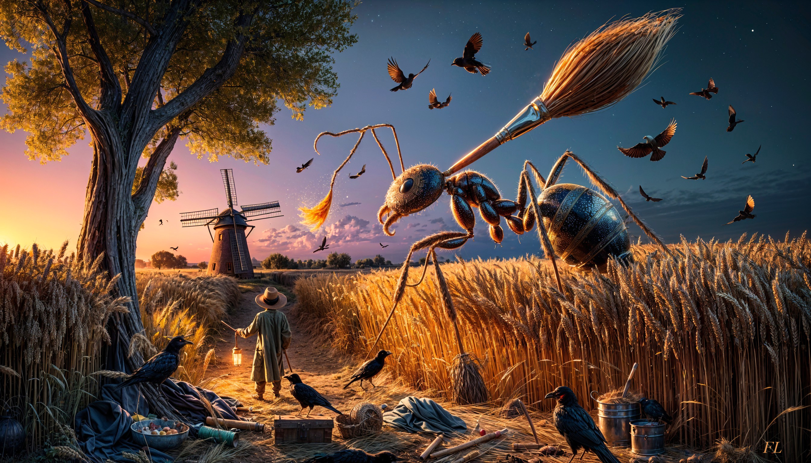 Surreal Landscape with Giant Ant in Wheat Field