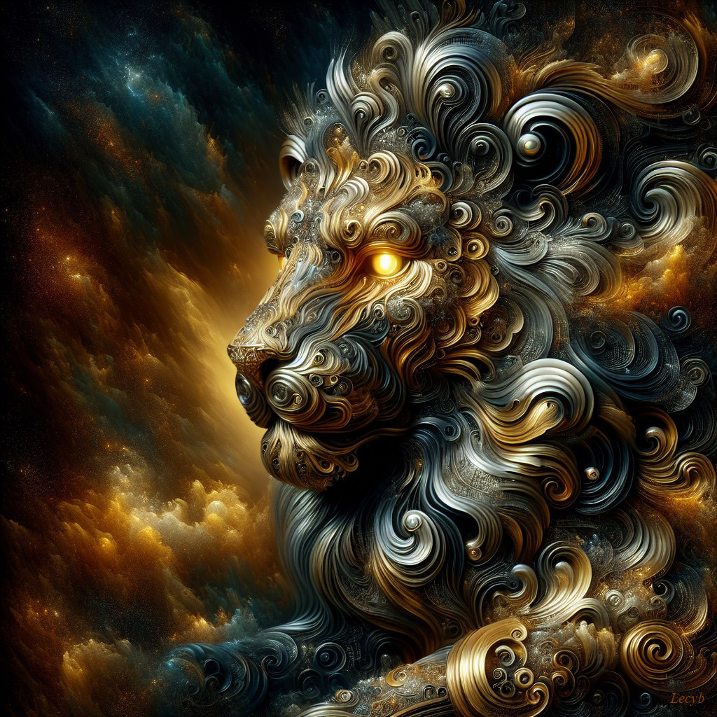 Majestic lion in swirling gold and dark tones