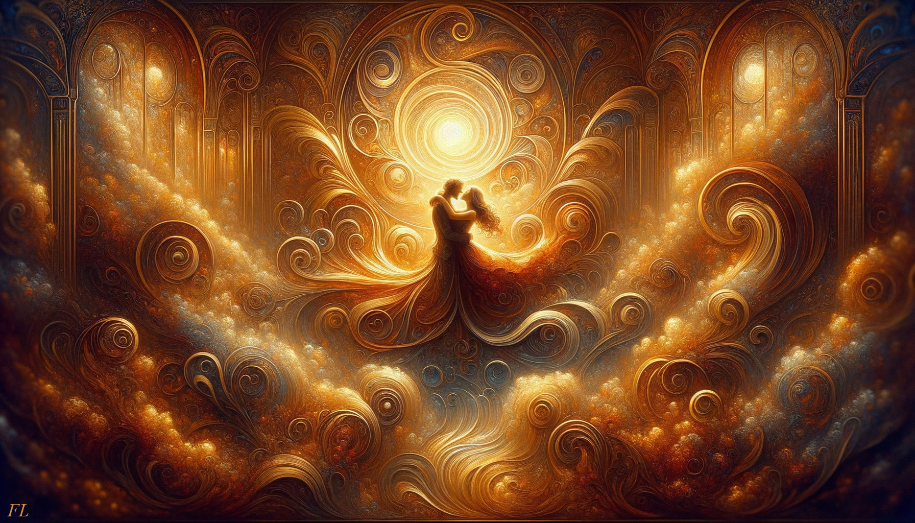 Couple Embraced in Dreamlike Golden Light Setting