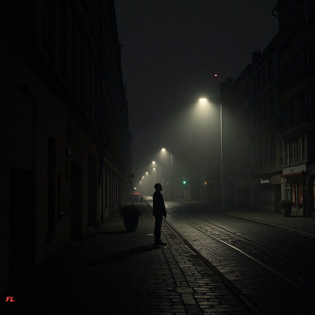 Solitary Figure in Foggy Urban Night Scene