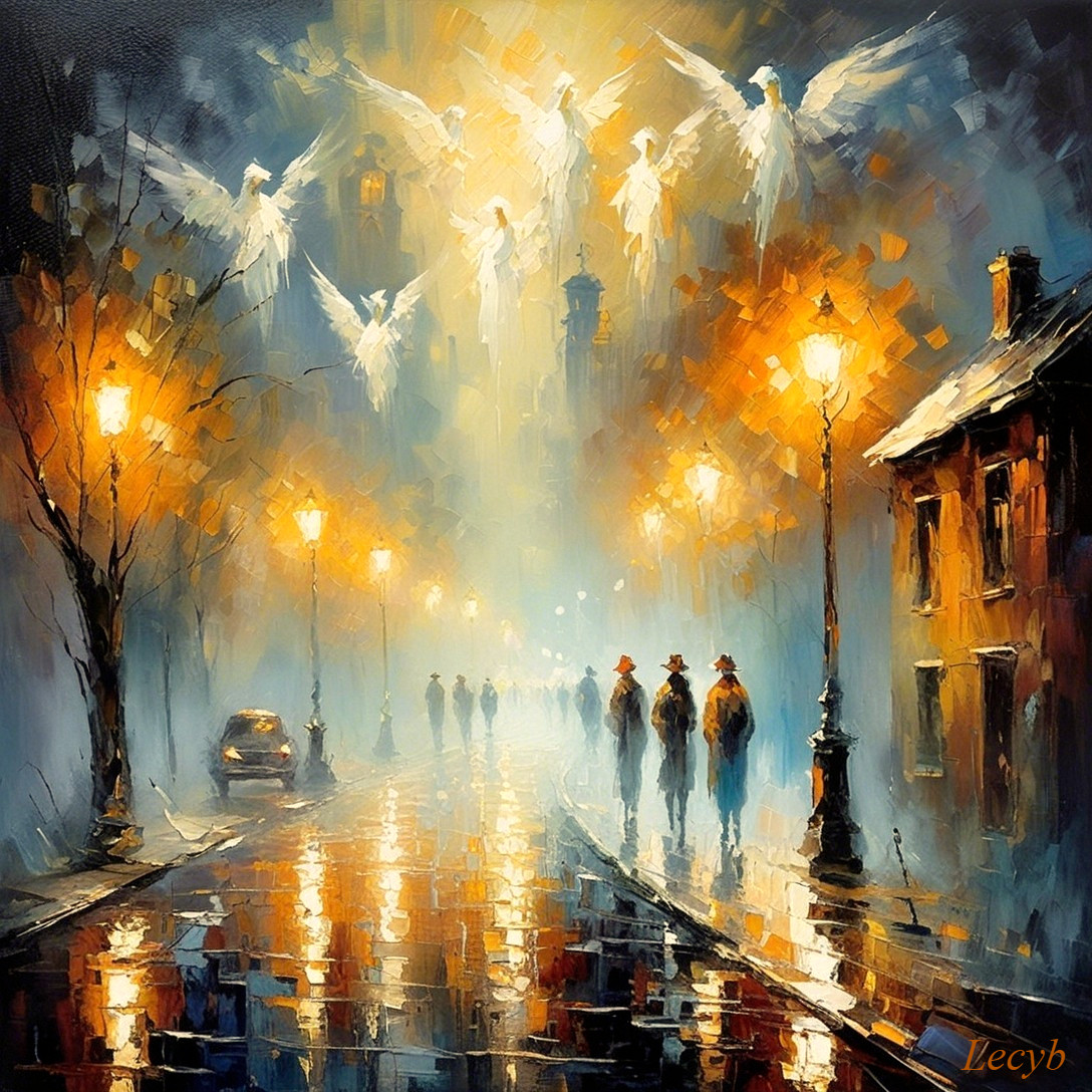 Misty Street Scene with Glowing Lampposts and Angels