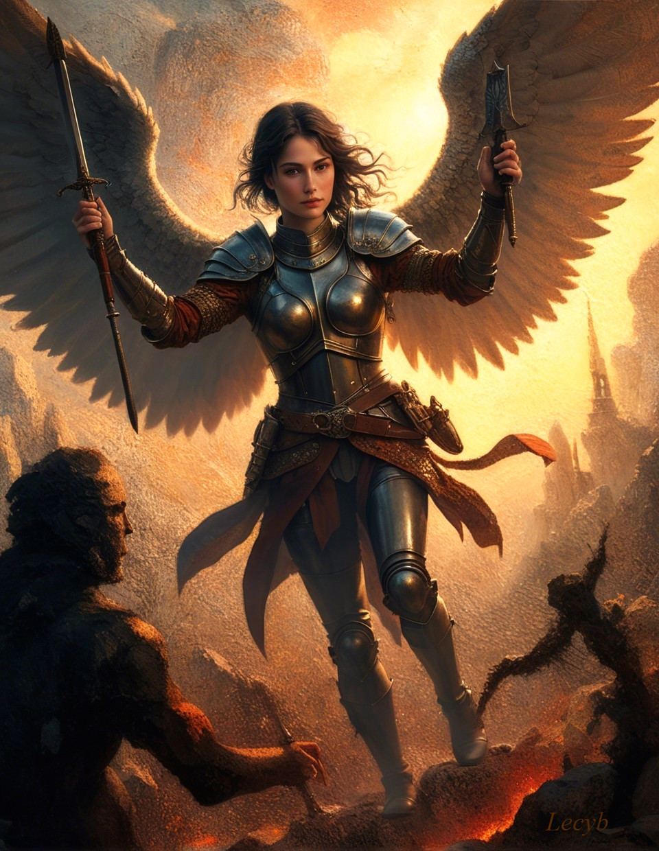 Fierce warrior angel in gleaming armor and wings