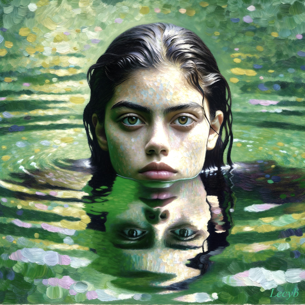 Young woman in serene green water setting