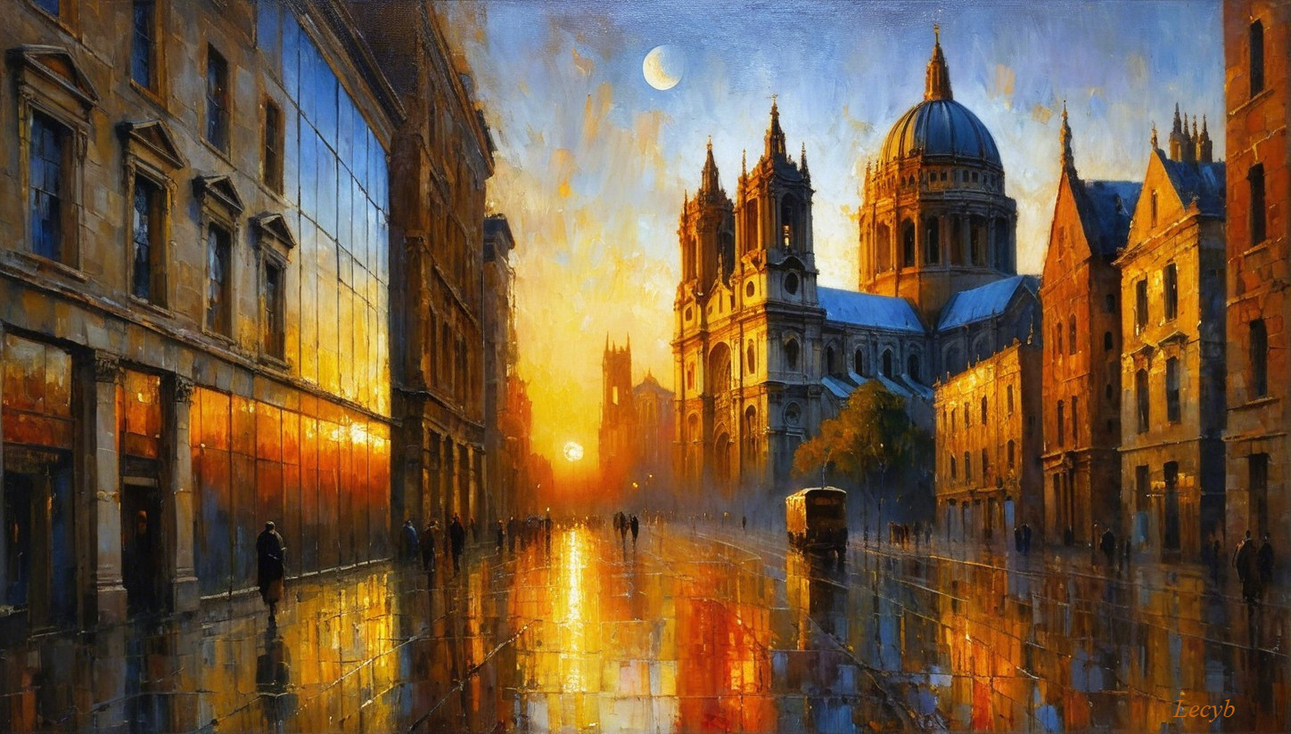 Cityscape at Dusk with Cathedral and Lanterns
