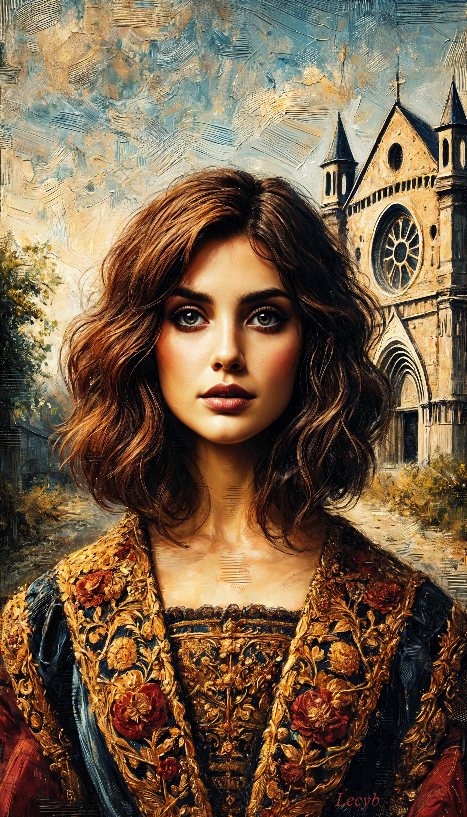 Portrait of a Young Woman by Gothic Church with Vintage Style