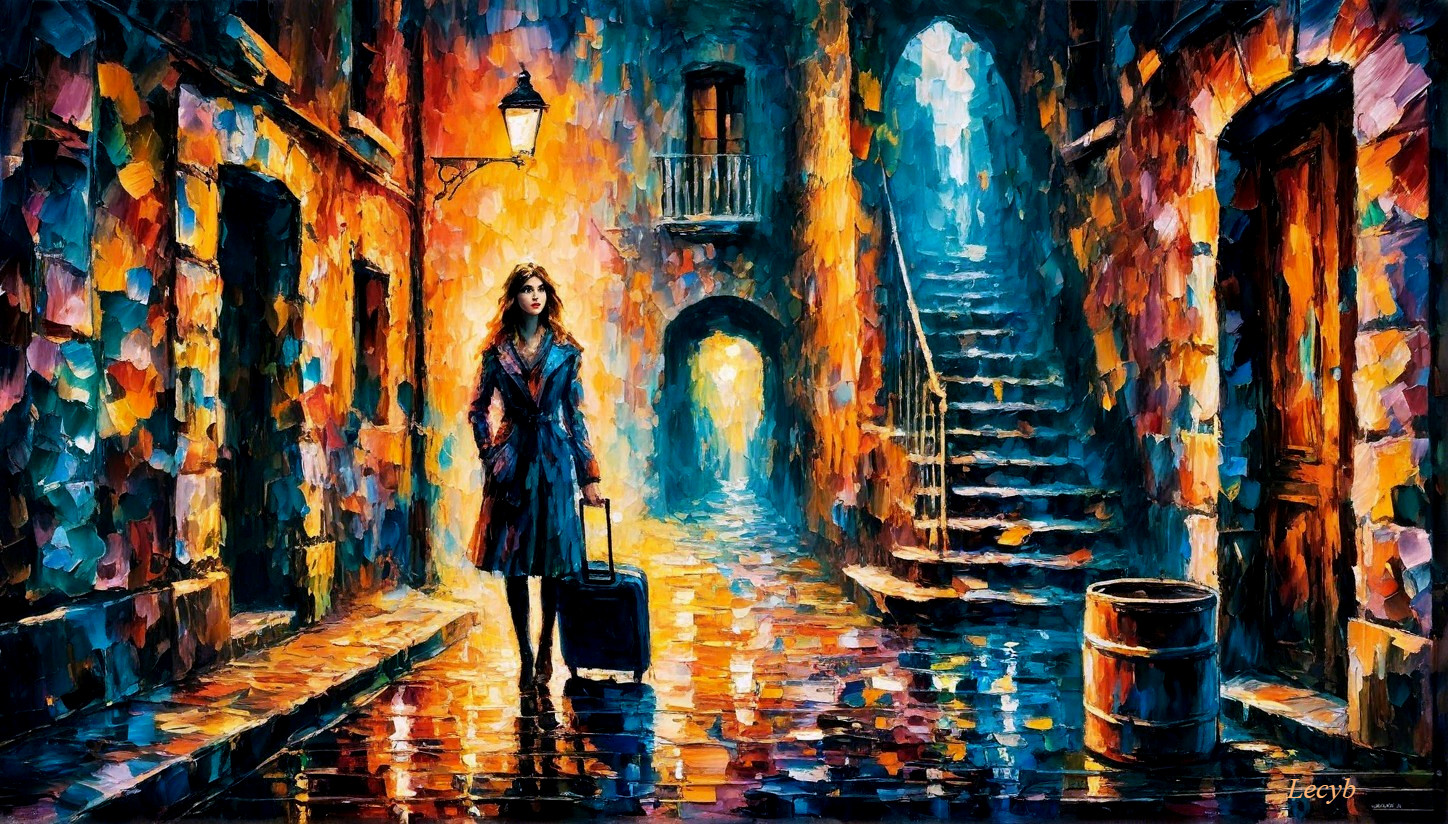 Woman in Colorful Alleyway with Suitcase and Coat