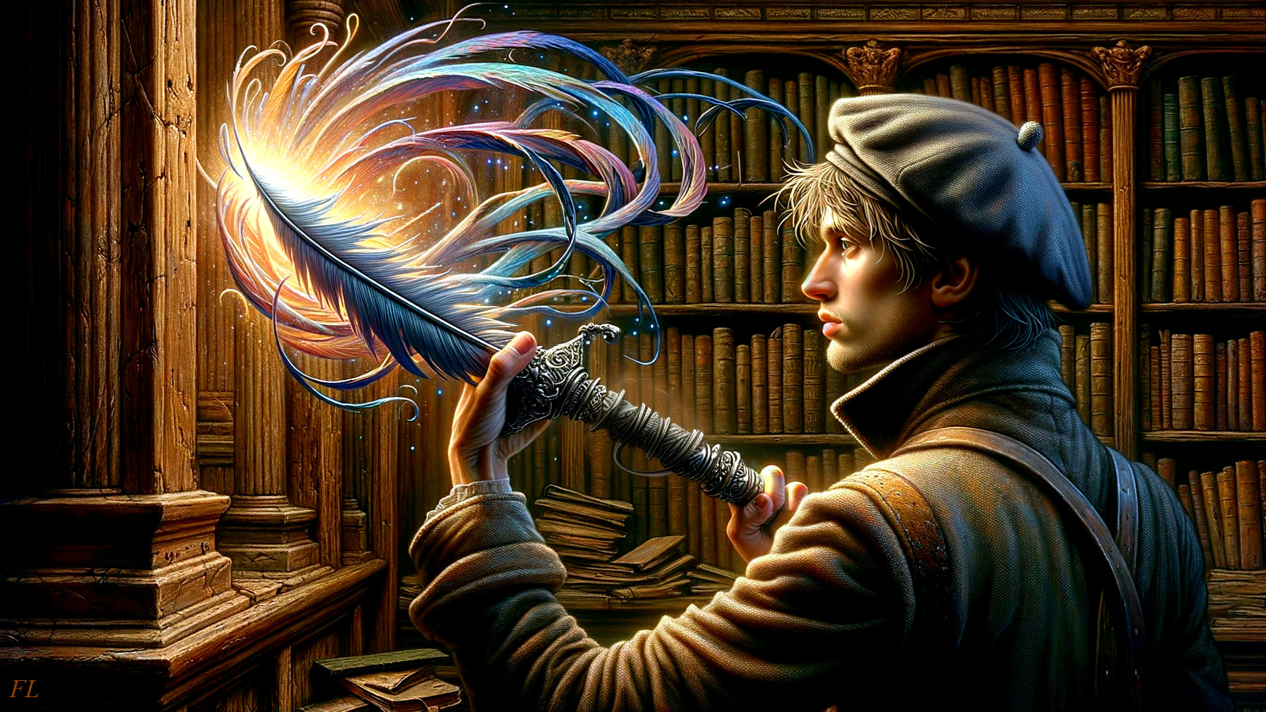 Young man in library with glowing quill and bookshelves