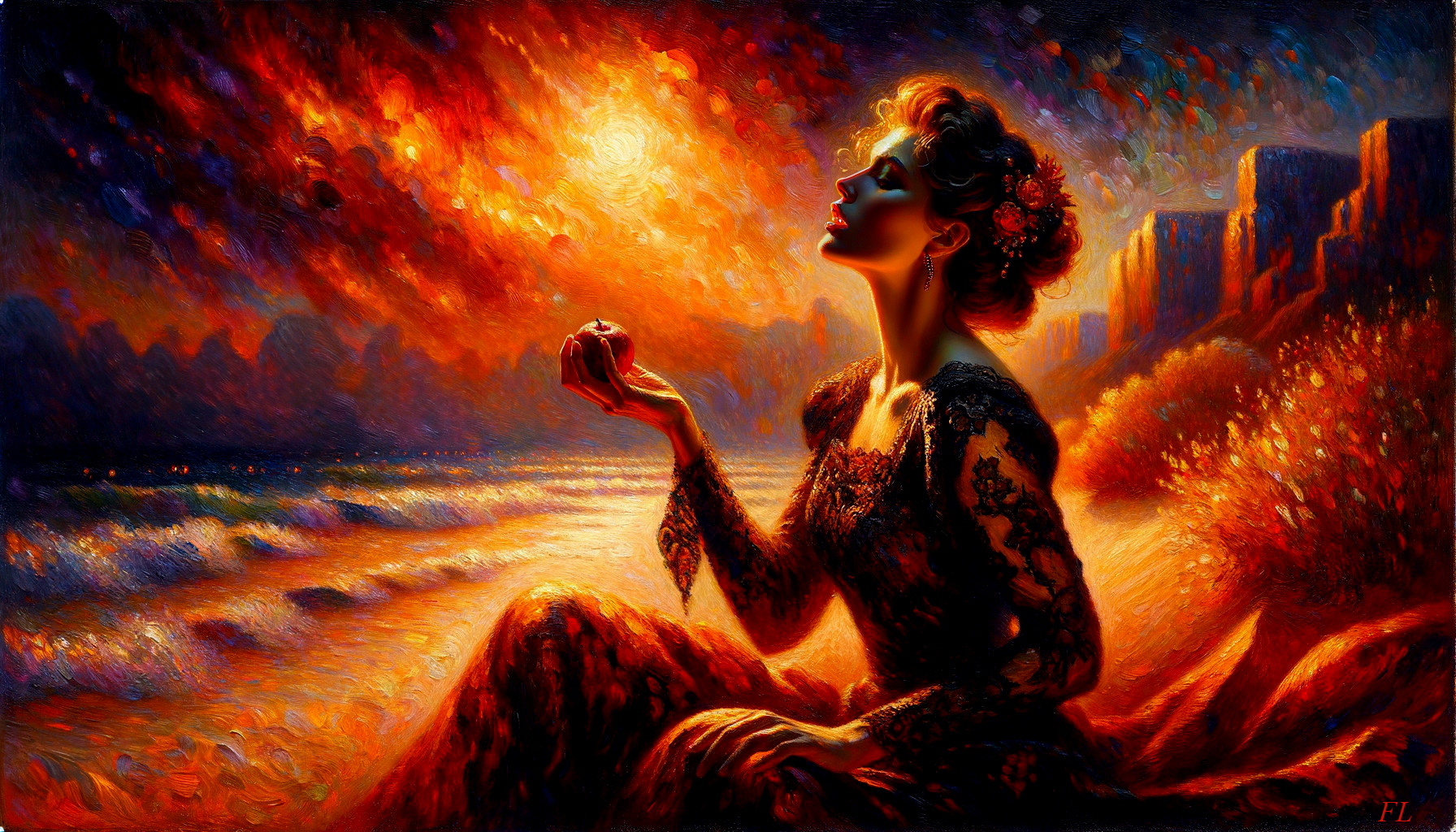 Woman in Black Lace Dress at Sunset by the Shore