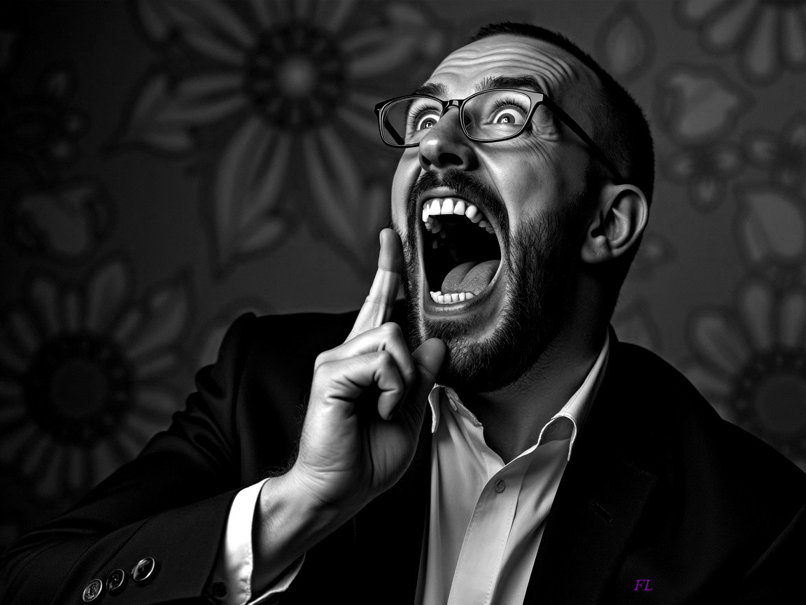 Man with Glasses Expressing Intense Emotion in Monochrome