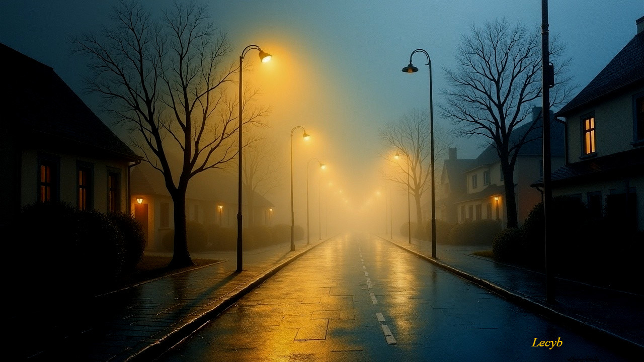 Foggy Street Scene with Warm Lamp Light and Trees