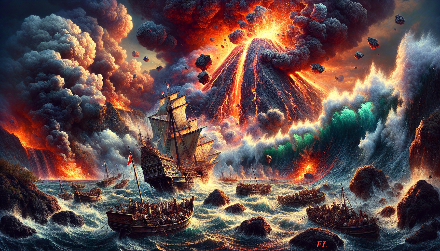 Volcanic Eruption and Ancient Ship in Turbulent Ocean