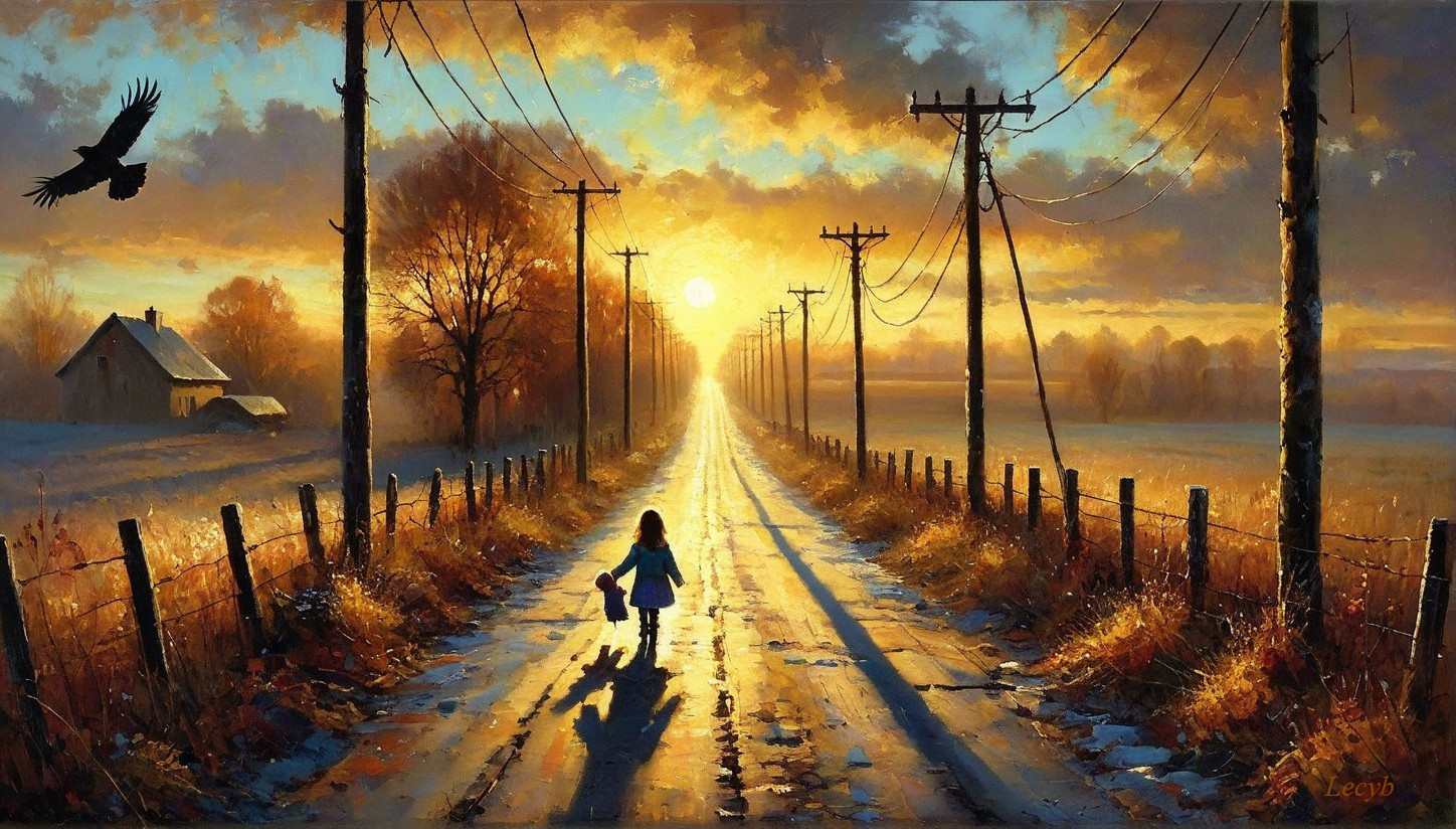 Serene Rural Landscape at Sunset with Young Girl
