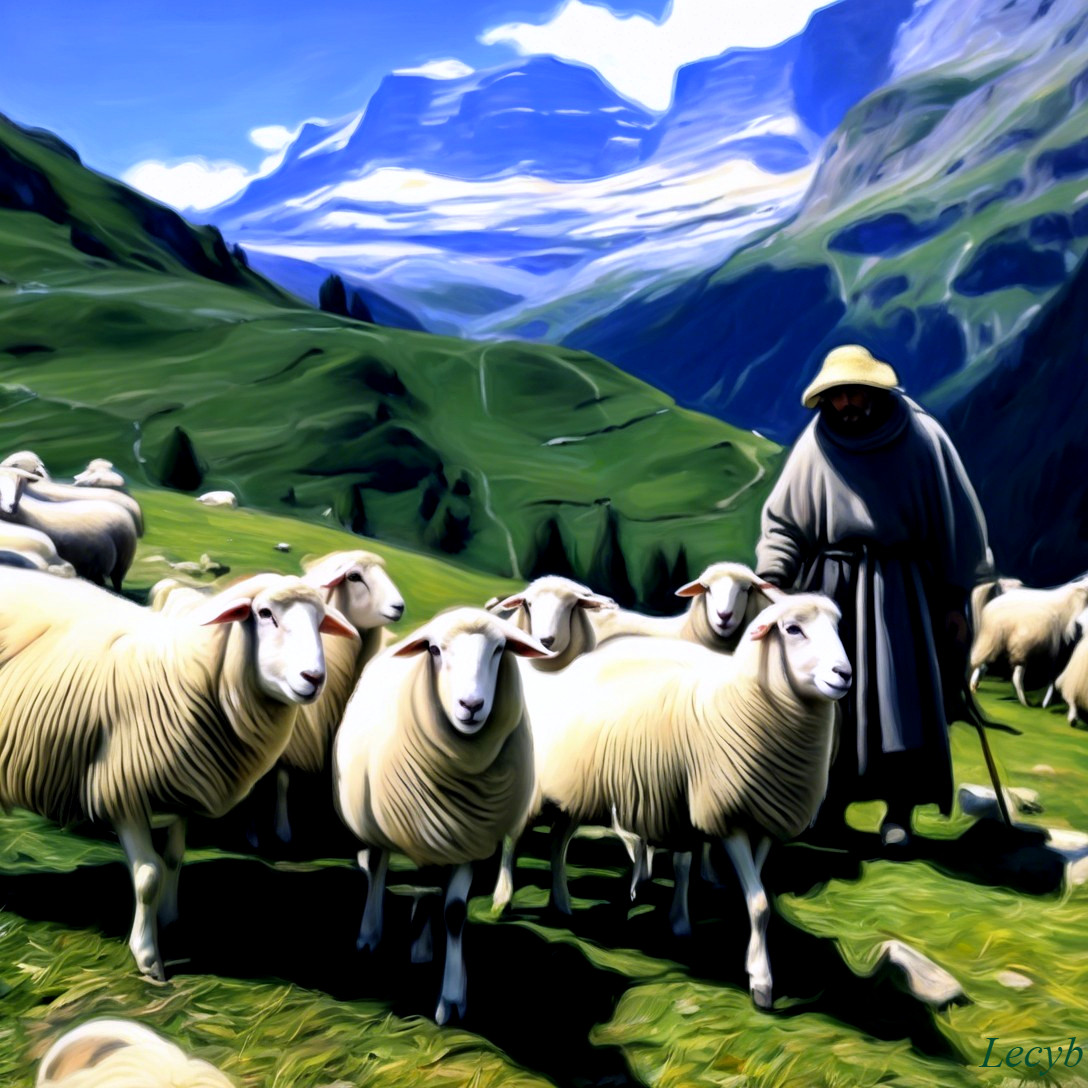 Pastoral Scene with Shepherd and Sheep in Valley