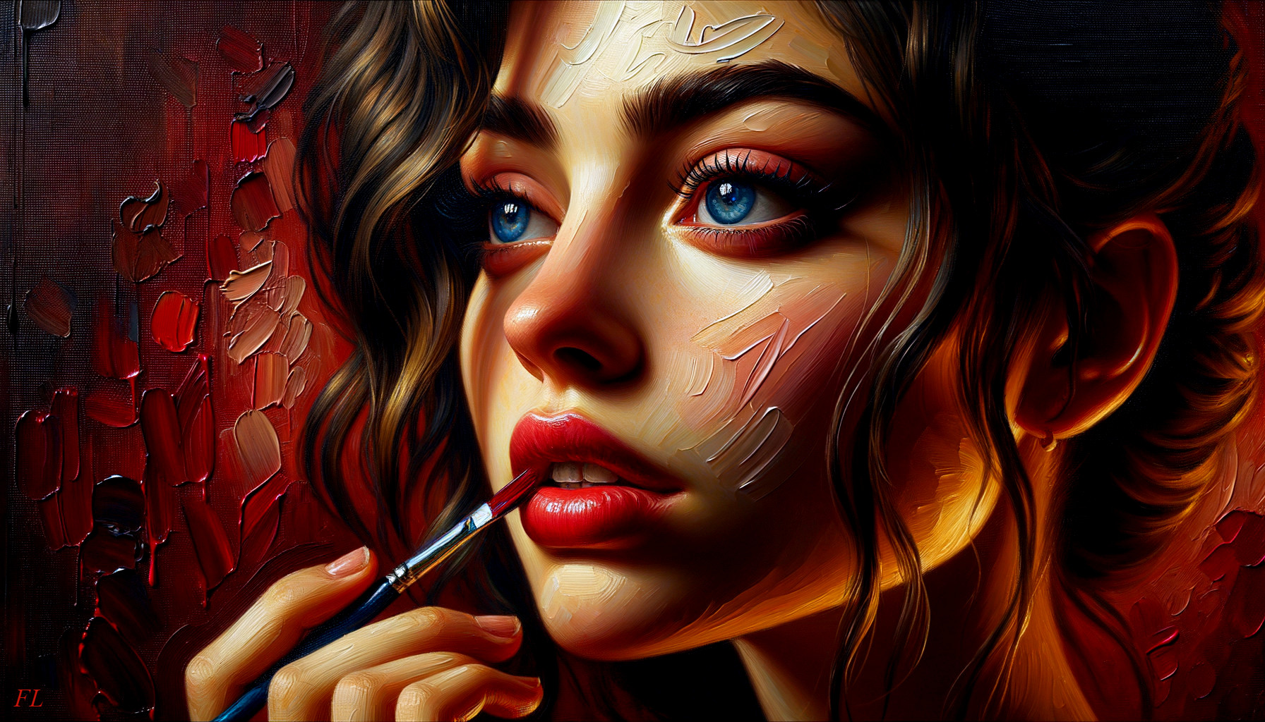 Portrait of a Young Woman with Blue Eyes and Paintbrush
