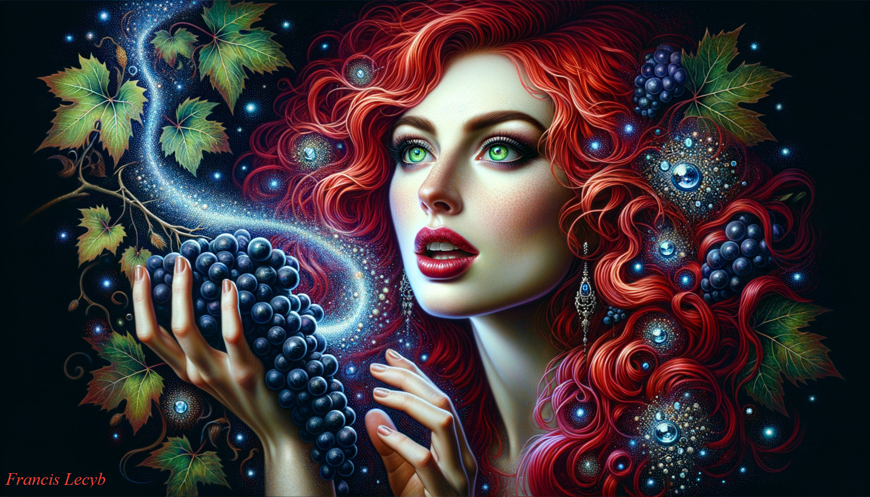 Vibrant Red-Haired Woman with Cosmic Grapes and Leaves