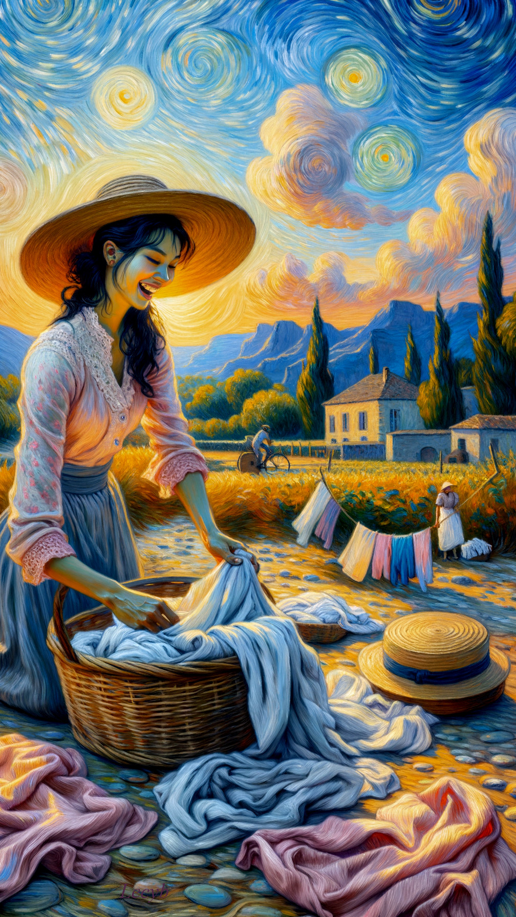 Vibrant Landscape with Woman Washing Clothes by River