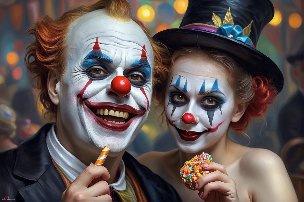 Clowns in Colorful Carnival Setting with Treats