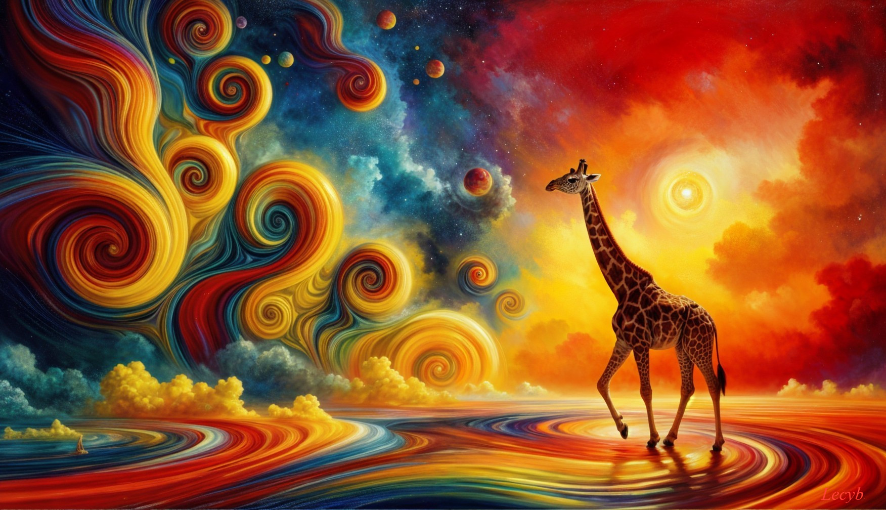 Surreal Landscape with Giraffe in Cosmic Scene