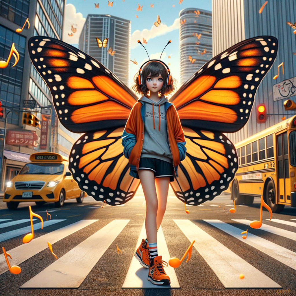 Girl with Butterfly Wings in Urban Street Scene