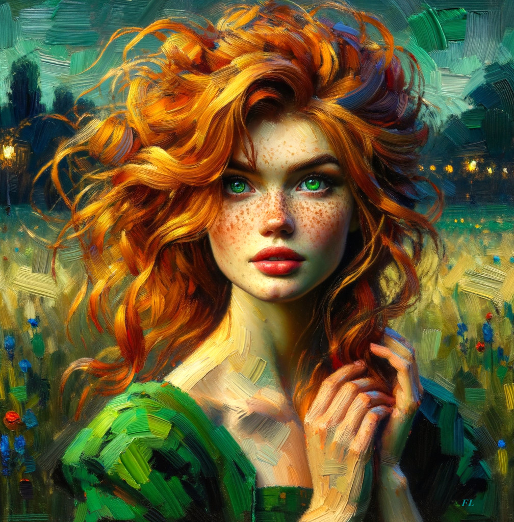 Young Woman in Green Field with Wildflowers and Trees