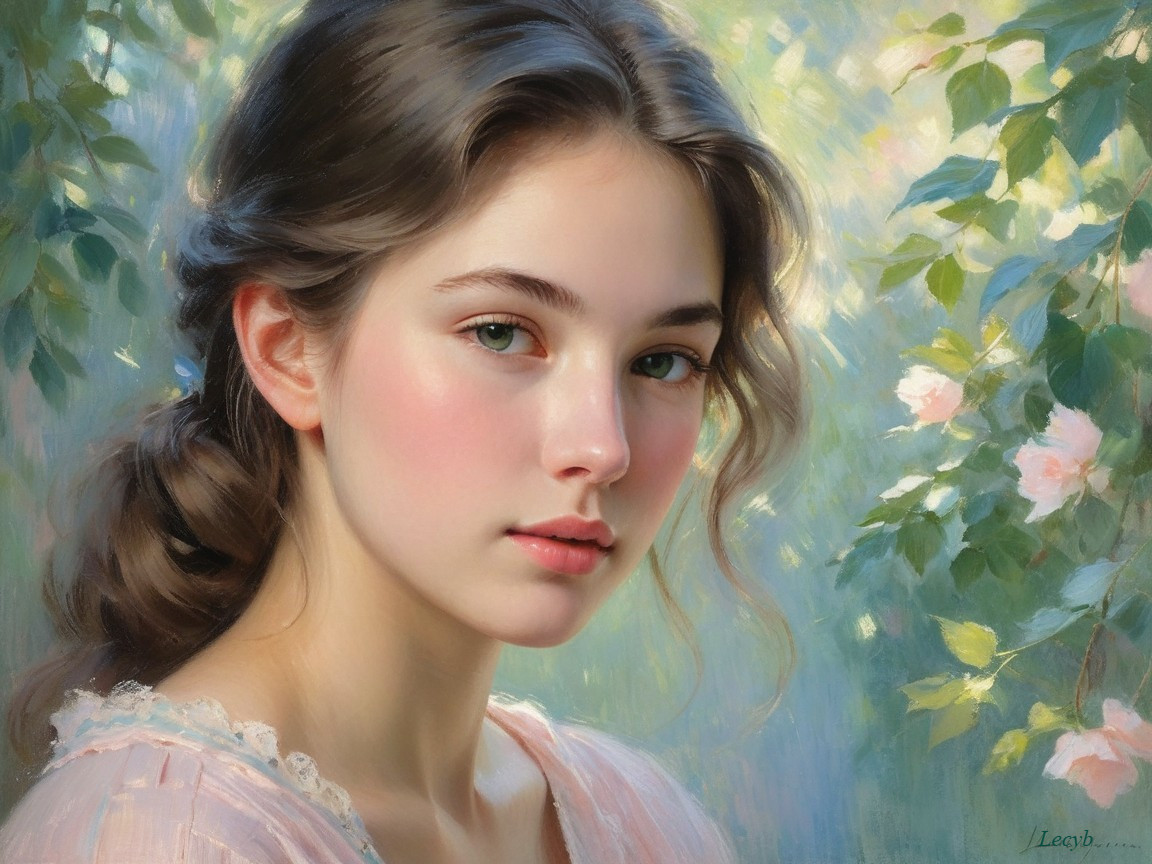 Portrait of a Young Woman with Green Eyes and Flowers