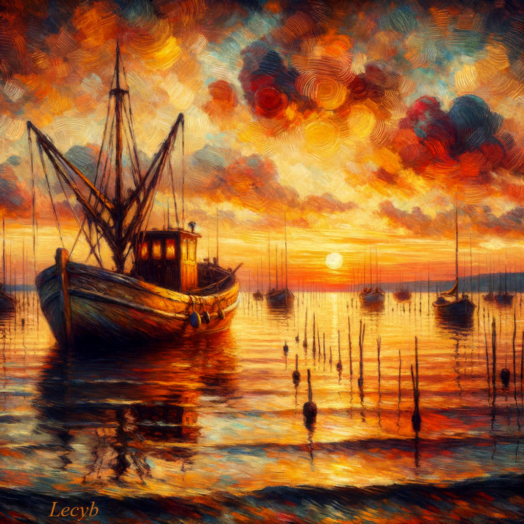 Serene Seascape at Sunset with Fishing Boat and Clouds