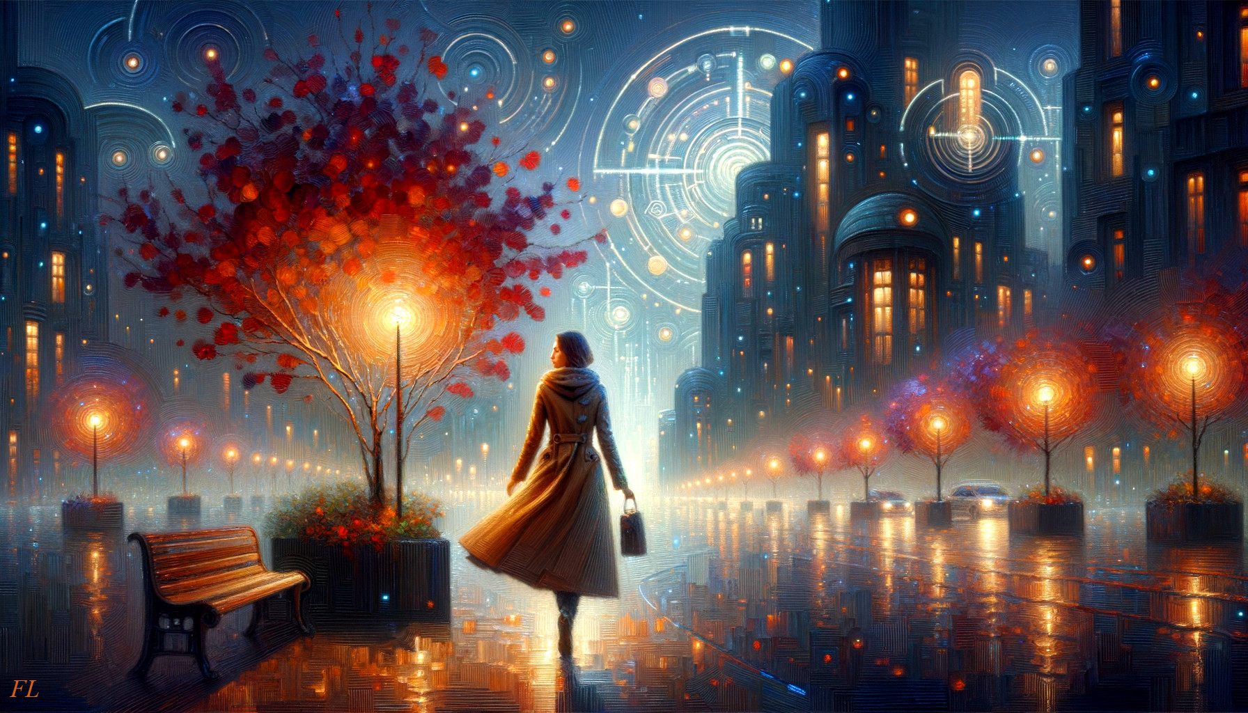 Futuristic street scene with a lone figure in coat