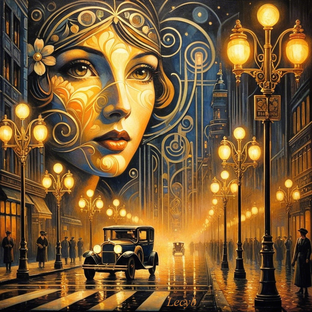 Urban Scene with Vintage Lamps and Classic Car