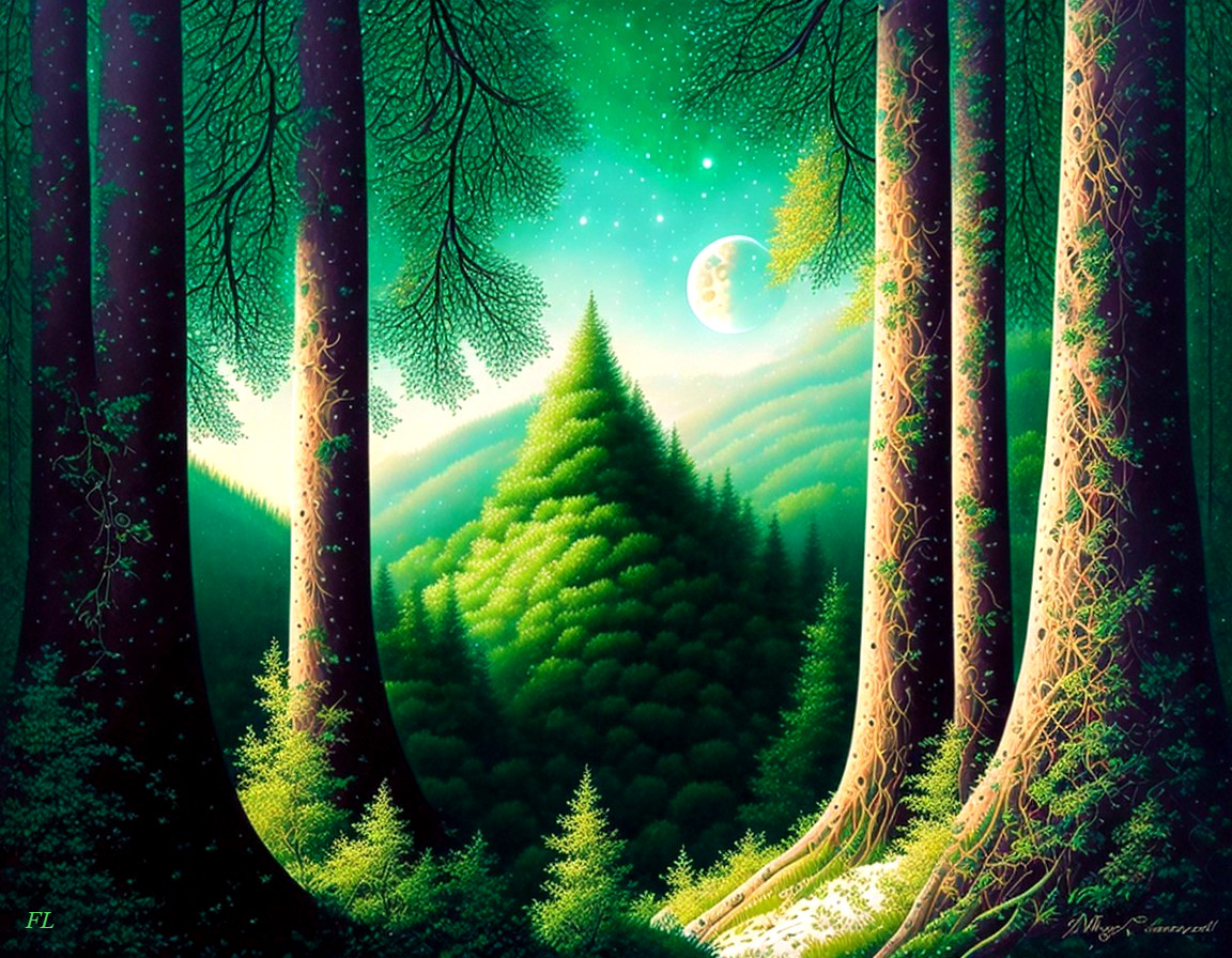 Serene forest scene with green hues and starry sky